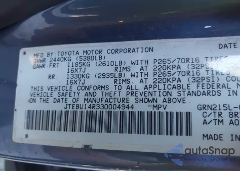 2003 Toyota 4Runner Sr5 Sport V6/Sr5 V6 from USA, damaged, VIN JTEBU14R330004944